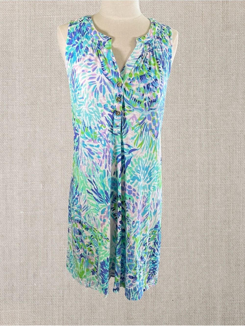 Lilly Pulitzer Essie Sz M Blue Green Pink Sleeveless Printed Swim Coverup Dress
